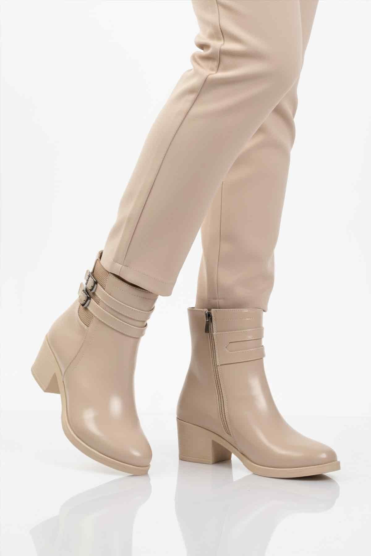 Bej İçi Kürklü Fermuarlı Kadın Bot 1006 Z