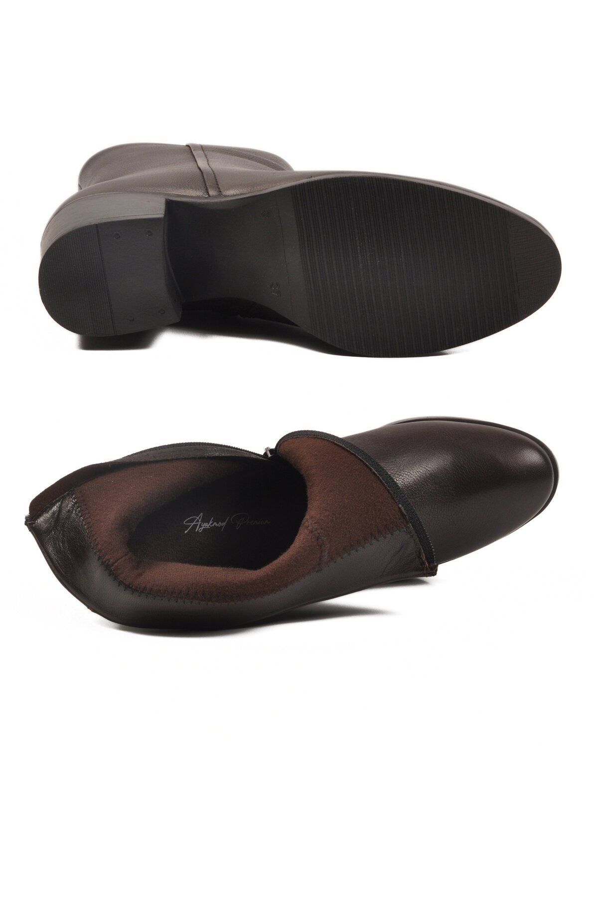 Kahve Hakiki Deri Fermuarlı İçi Polarlı Kadın Bot Premium 92162-1 Z