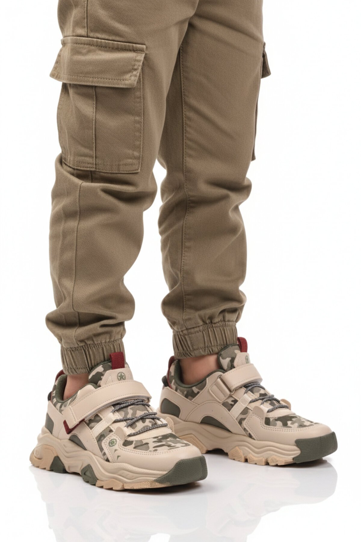 Krem-Haki-Bordo Cırtlı Çocuk Spor Ayakkabı 2021 F