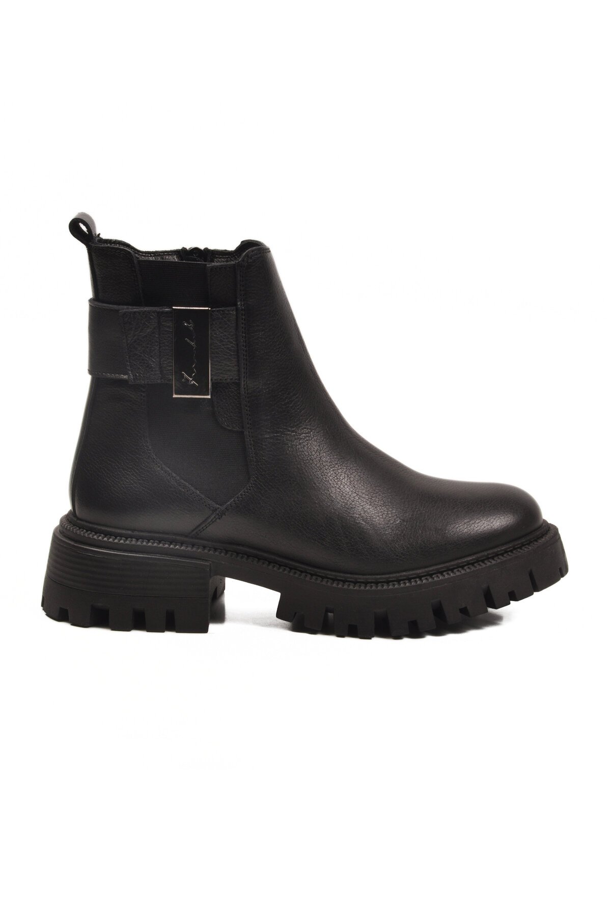 Siyah Hakiki Deri Kaymaz Taban Fermuarlı Kadın Bot Premium 23783-1 Z