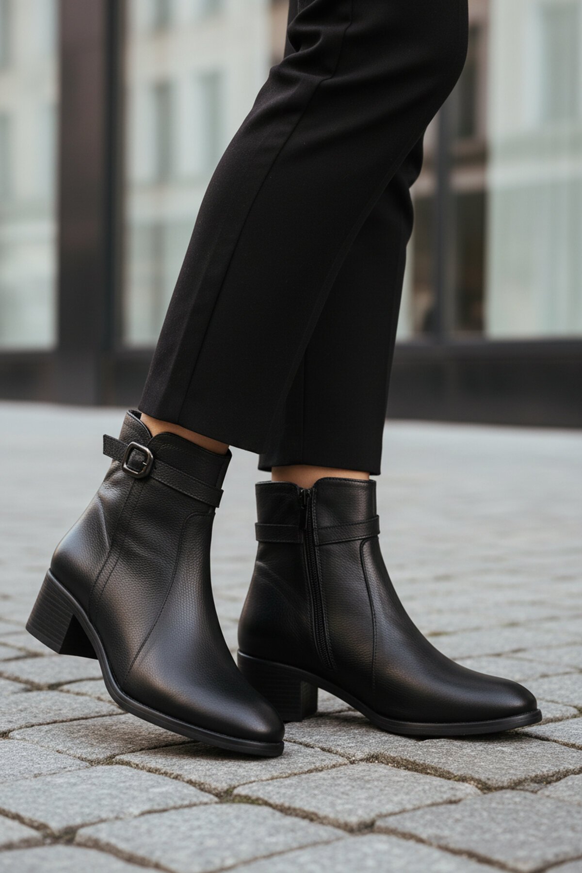 Siyah Hakiki Deri Fermuarlı İçi Polarlı Kadın Bot Premium 24113-1 Z