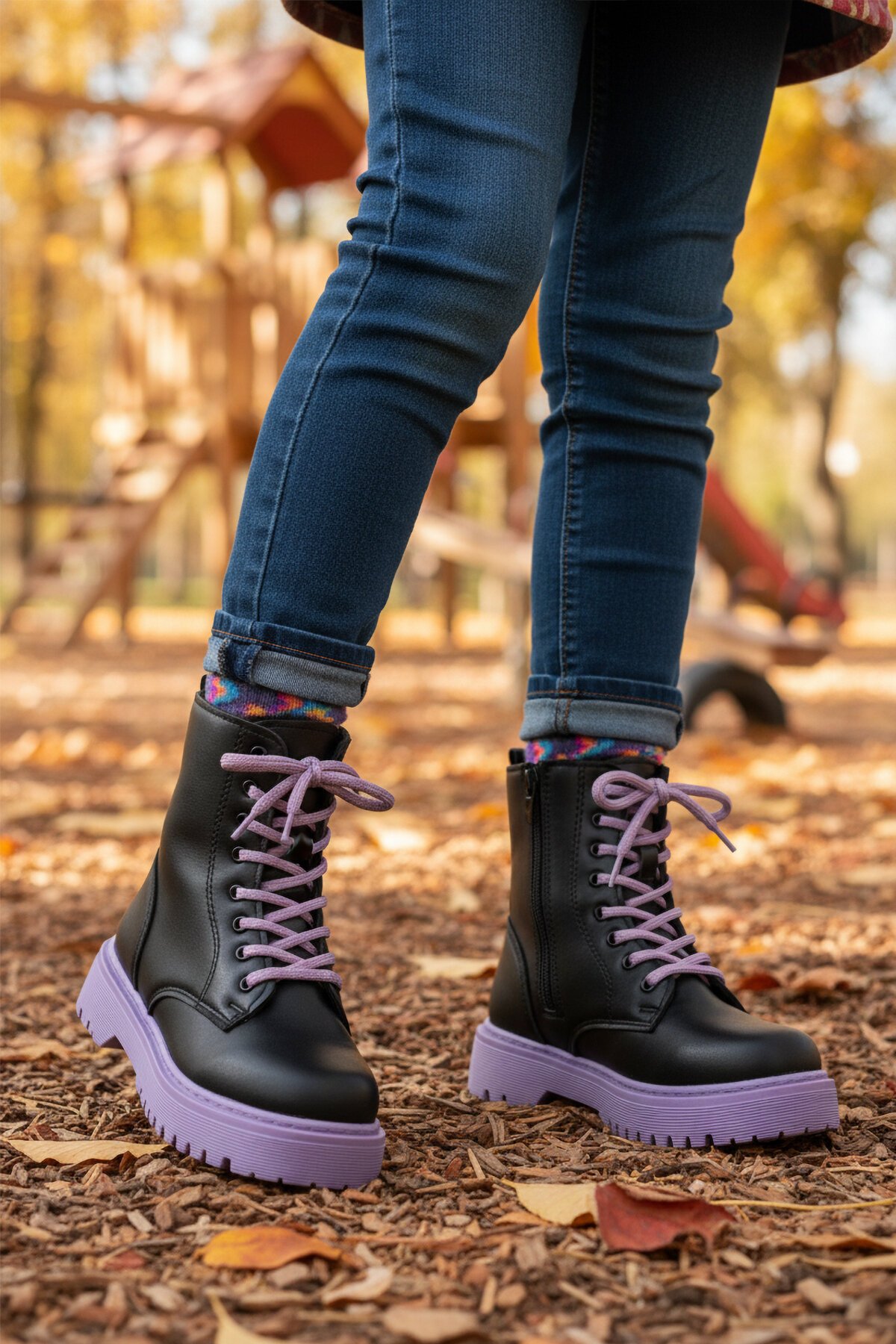 Siyah-Mor fermuarlı İçi Polarlı Çocuk Bot Dale 05 F