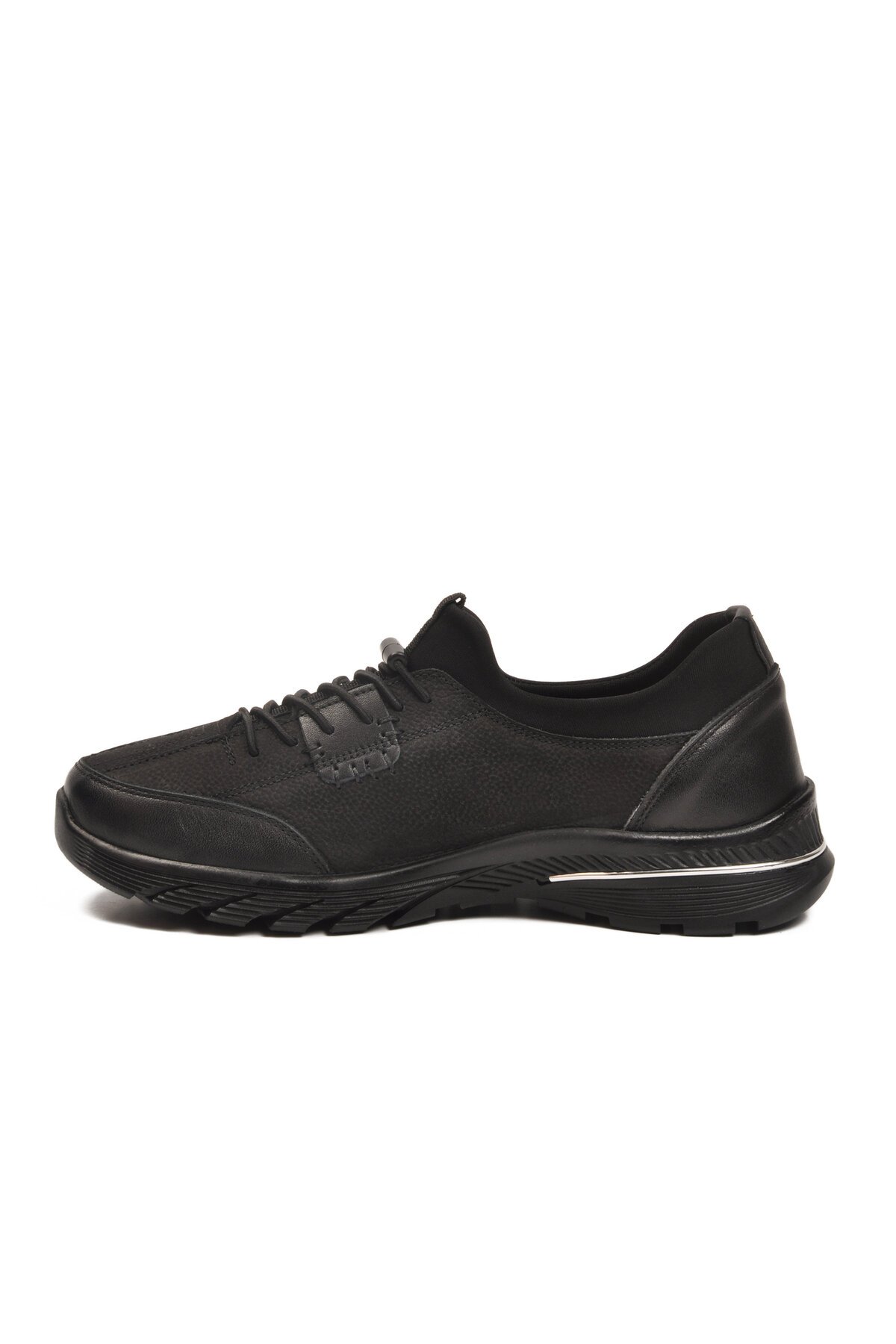 Siyah Nubuk Hakiki Deri Lastik Bağcıklı Kadın Günlük Ayakkabı PLV061 Z