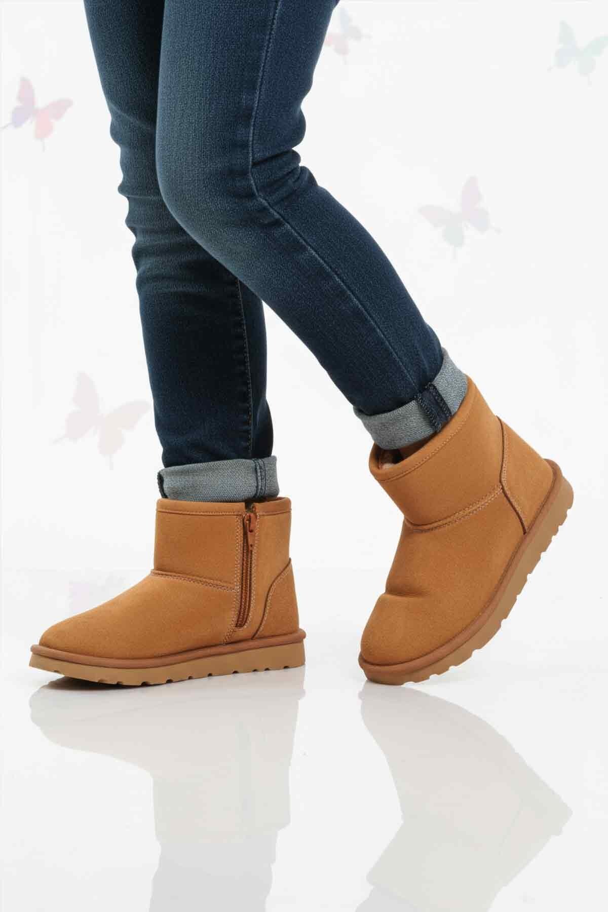 Taba Süet İçi Kürklü Fermuarlı Çocuk Bot 2096 F