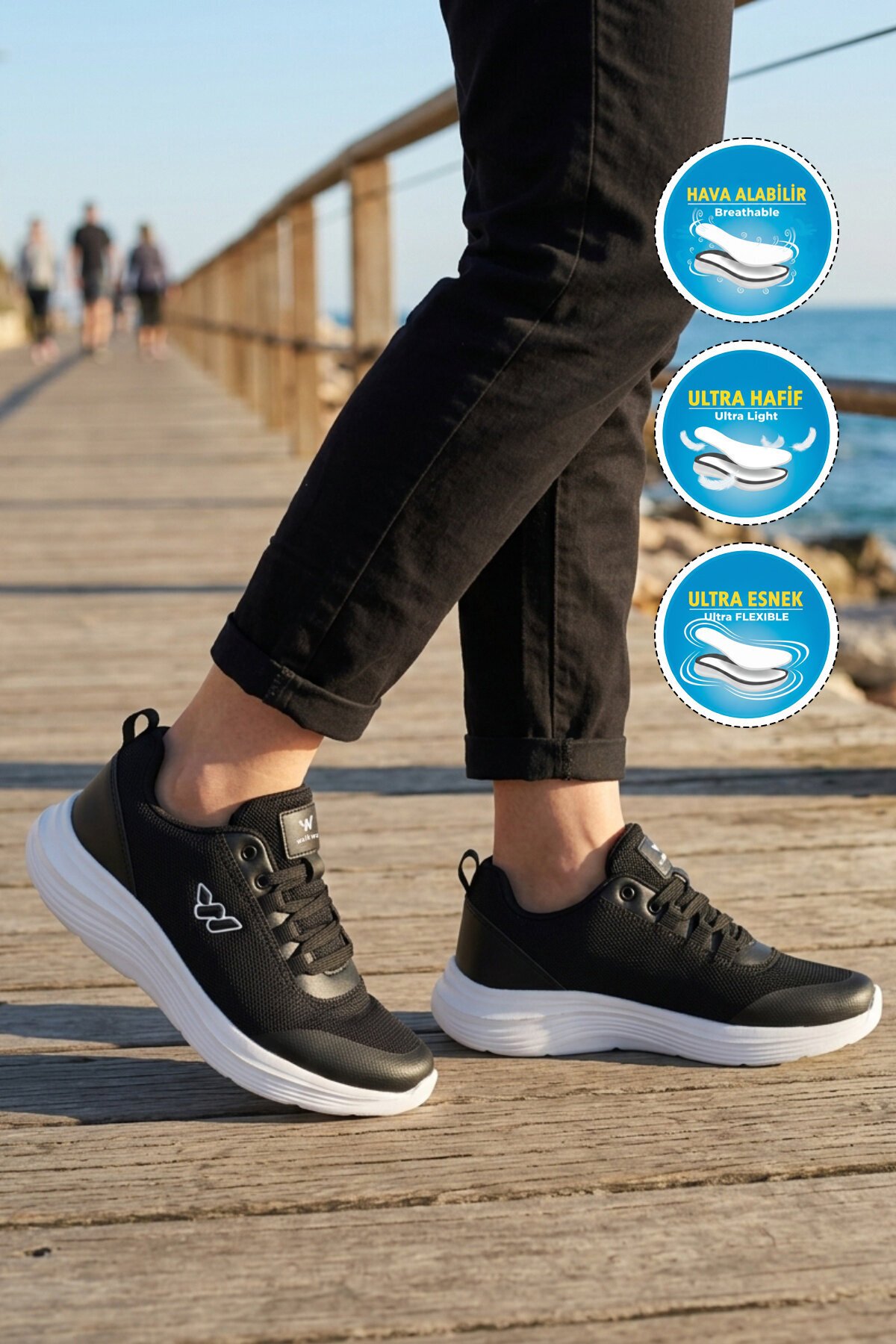 Siyah-Beyaz Tekstil Hafif Unisex Spor Ayakkabı Pete G