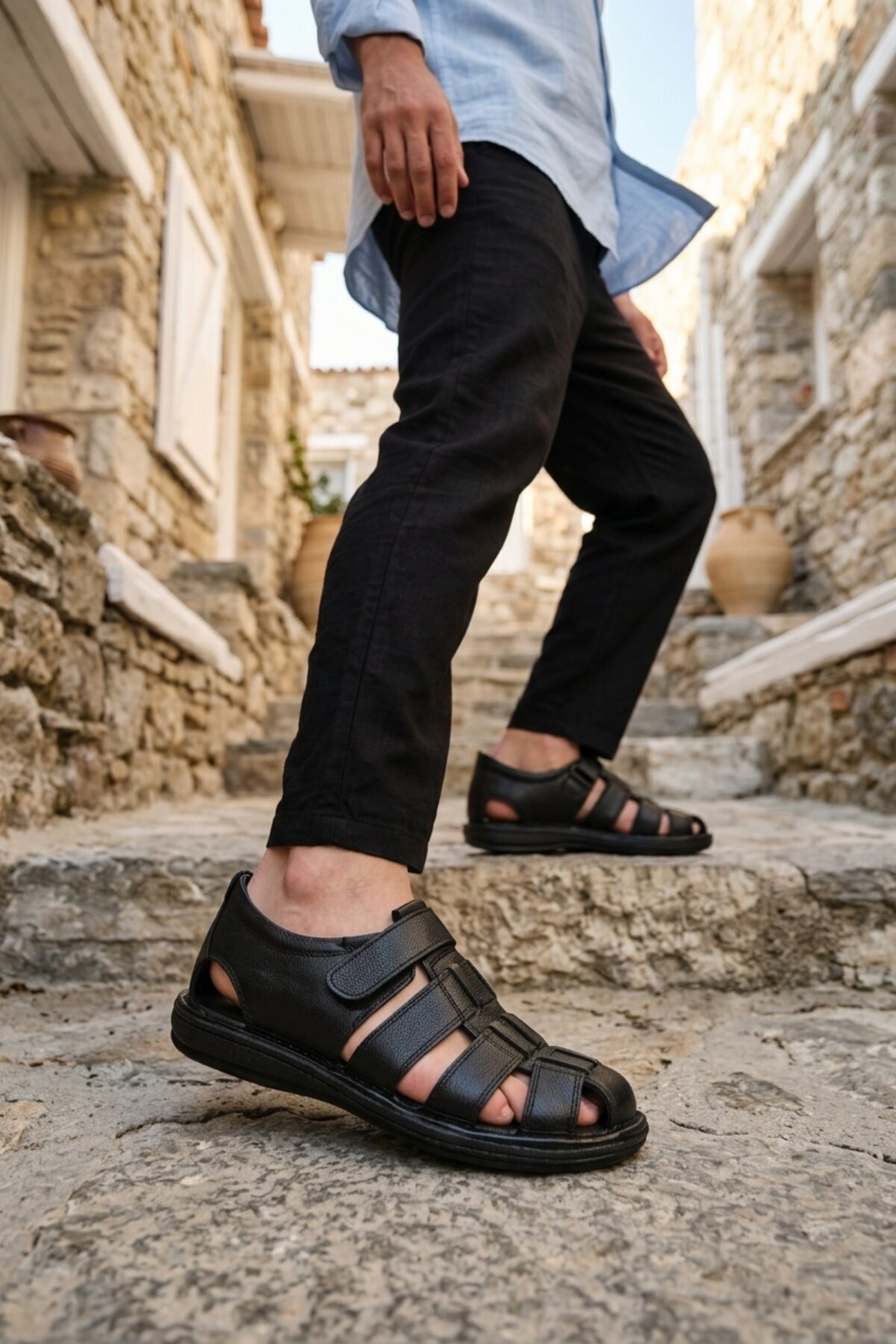 Siyah Hakiki Deri ComfortSole Taban Erkek Sandalet 8520 M
