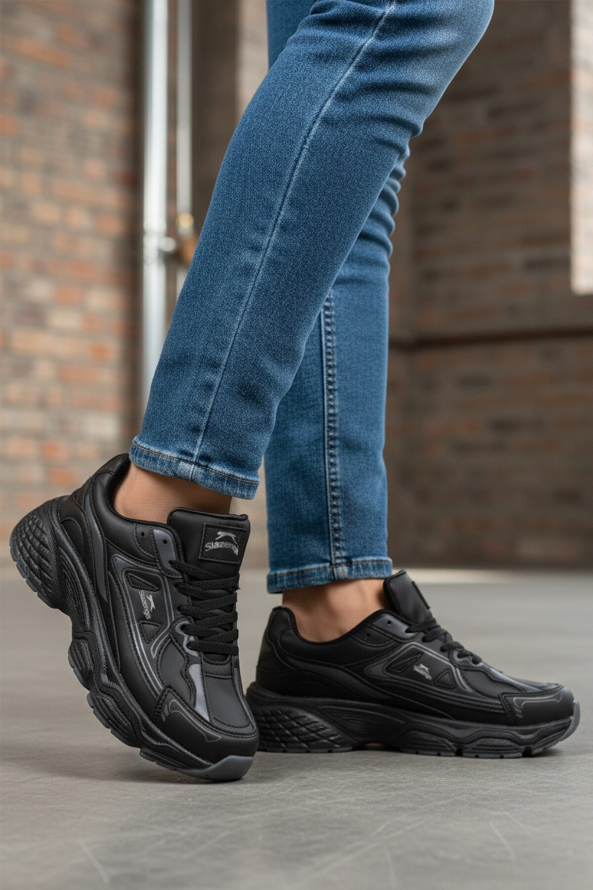 Siyah-Siyah Suni Deri Unisex Spor Ayakkabı Zafira G