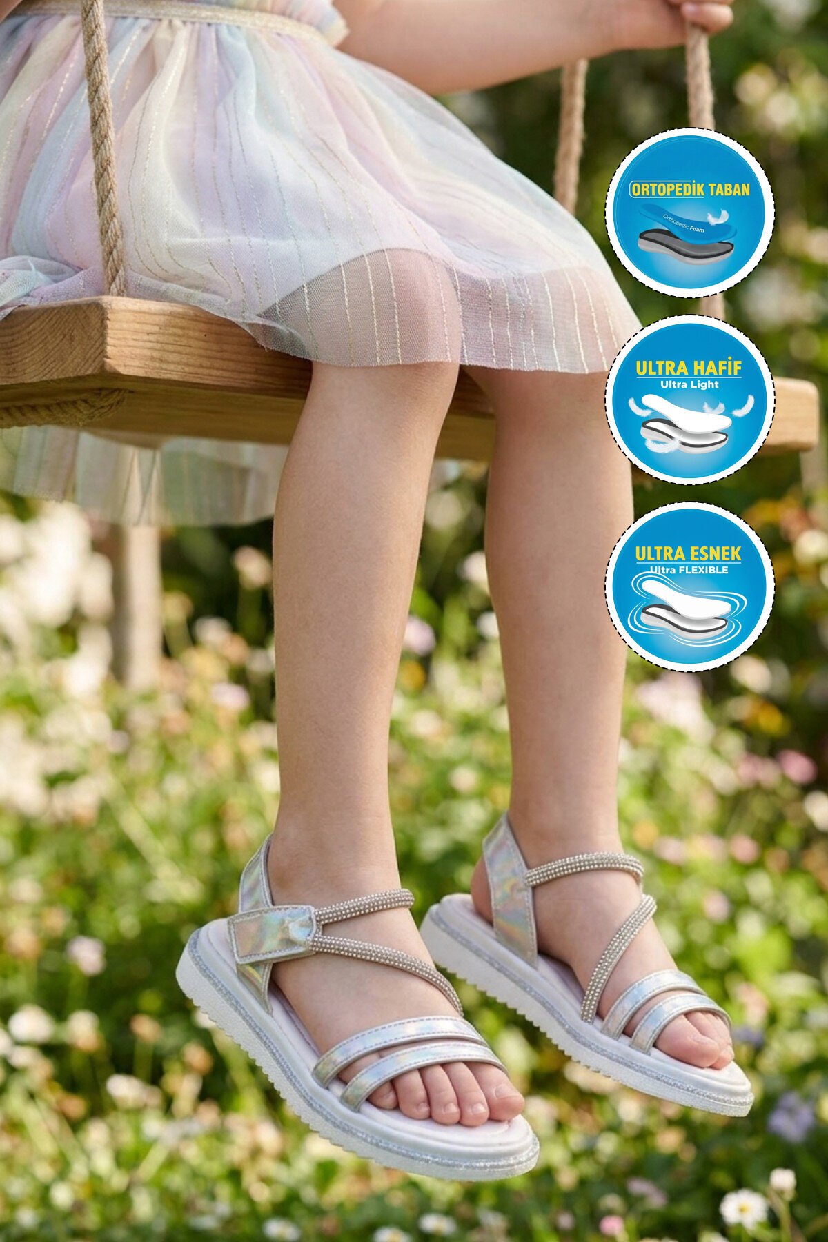 Gri-Simli Ortopedik Kız Çocuk Sandalet Arzen 26A94 F