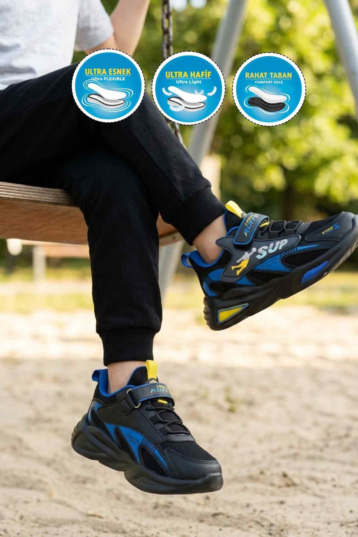 Siyah-Sarı-Saks Tekstil Rahat Taban Erkek Çocuk Spor Ayakkabı 2470 F