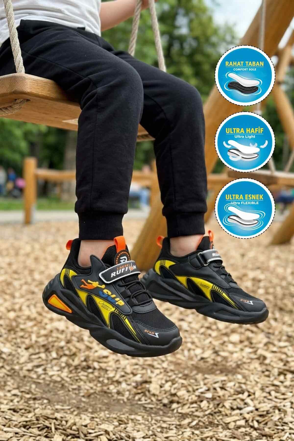 Siyah-Sarı Tekstil Hafif Esnek Erkek Çocuk Spor Ayakkabı 2470 P