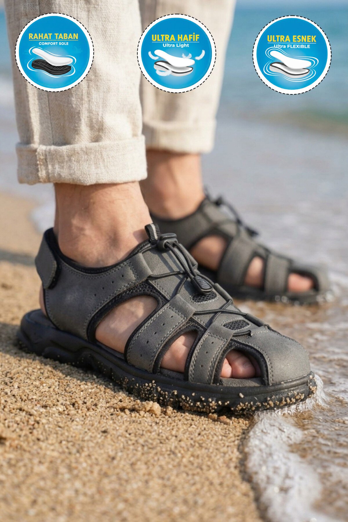 Erkek Outdoor Kapalı Burun Sandalet Lastik Bağcıklı Taban Antrasit Ayakkabı 4870 M
