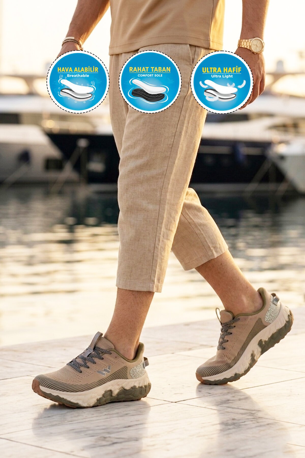 Bej Fileli Hafif Rahat Hafızalı Kalın Tabanlı Erkek Yürüyüş ve  Spor Ayakkabı Sneaker Flystep M