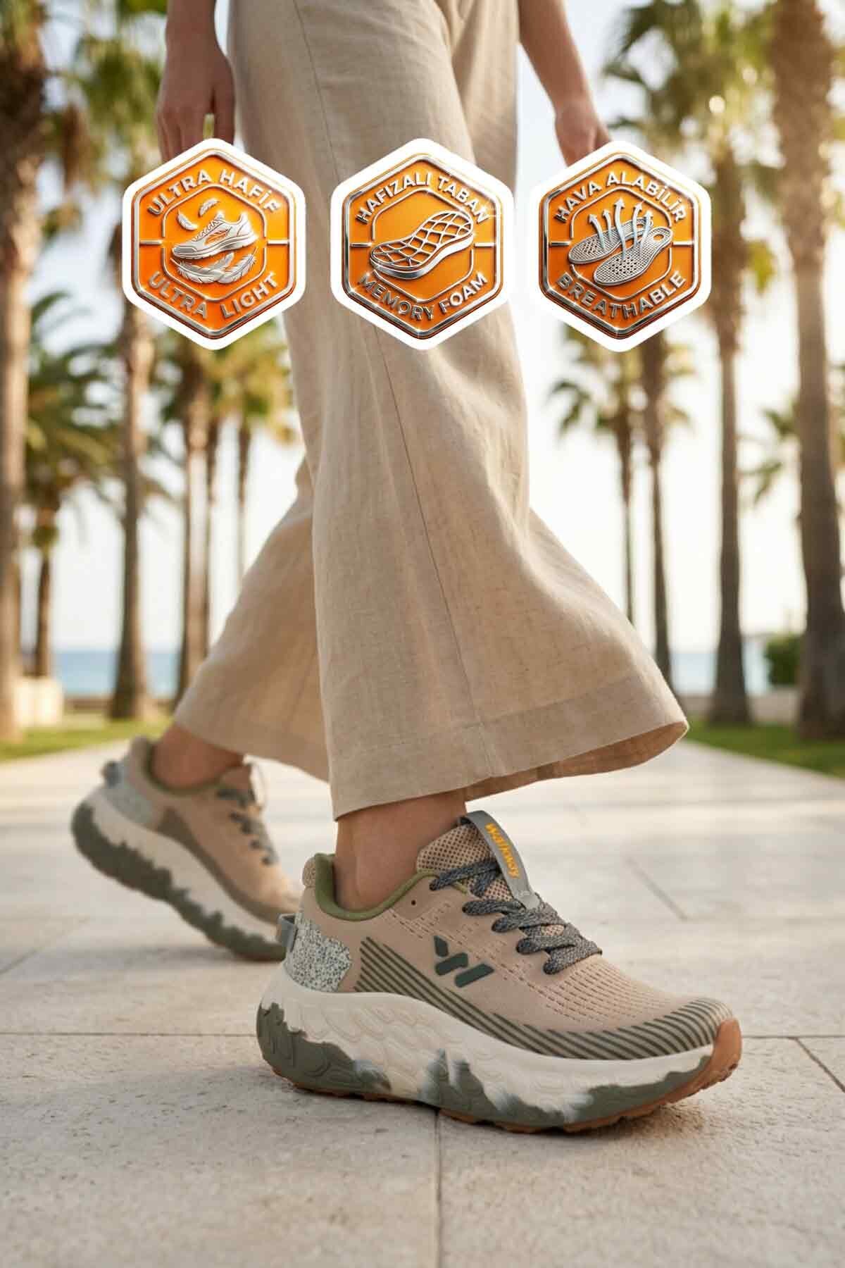 Bej Fileli Hafif Rahat Hafızalı Kalın Tabanlı Unisex Yürüyüş ve  Spor Ayakkabı Sneaker Flystep G
