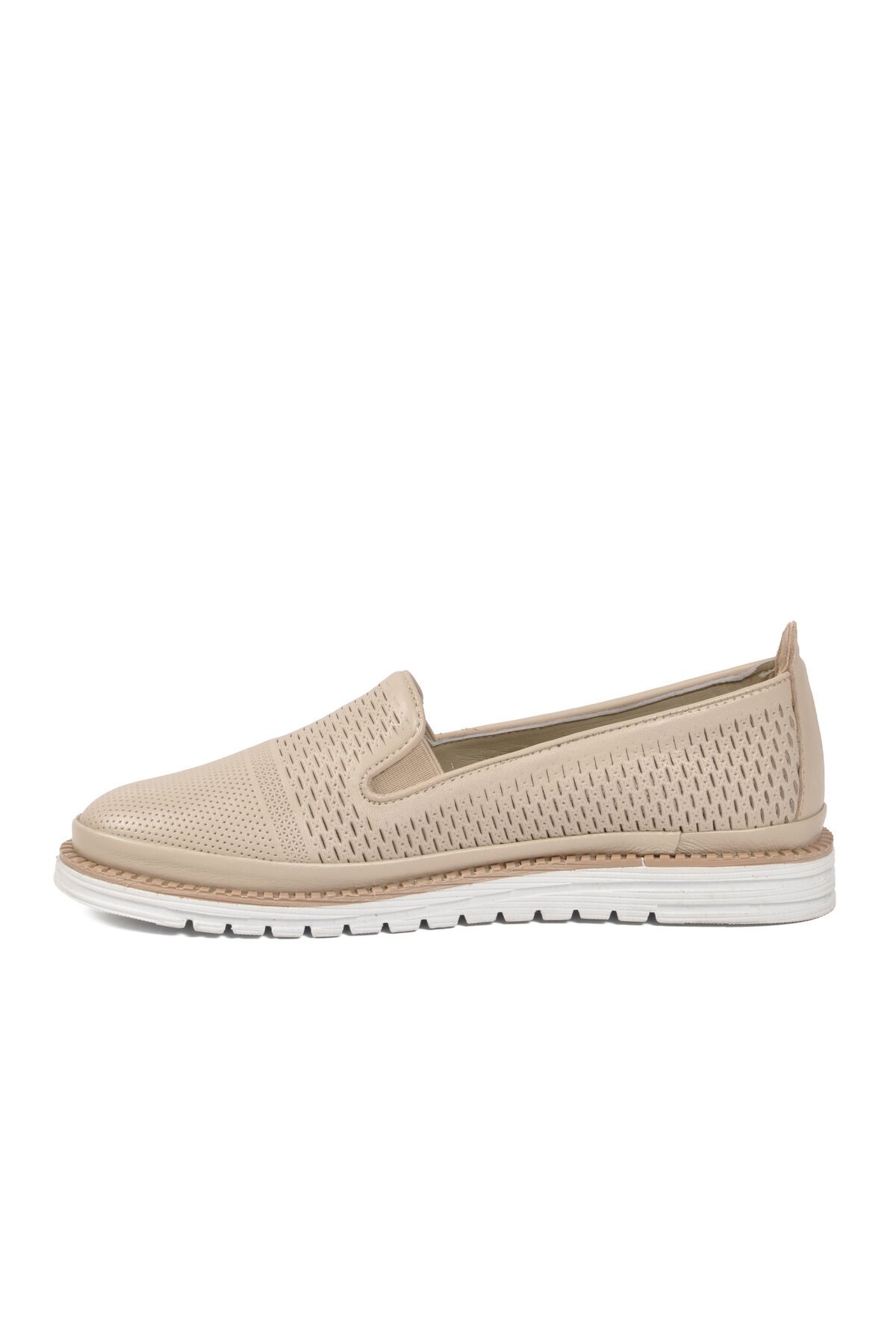 Bej Hakiki Deri Anatomik Rahat Yan Lastikli Kadın Casual Loafer Ayakkabı Z281