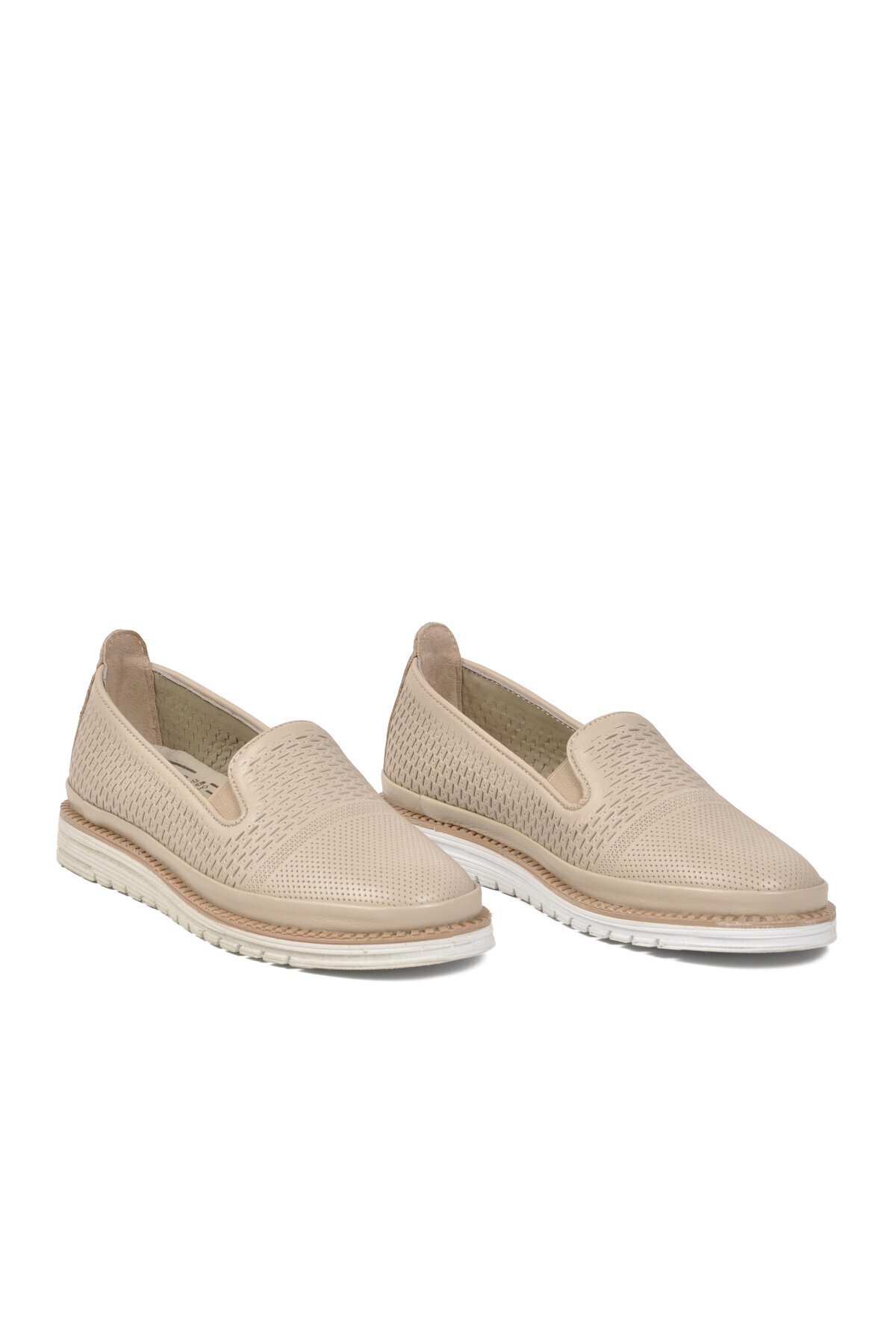 Bej Hakiki Deri Anatomik Rahat Yan Lastikli Kadın Casual Loafer Ayakkabı Z281