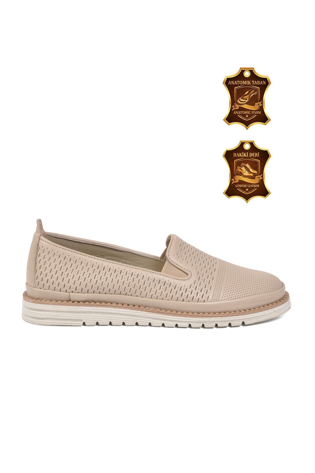 Bej Hakiki Deri Anatomik Rahat Yan Lastikli Kadın Casual Loafer Ayakkabı Z281