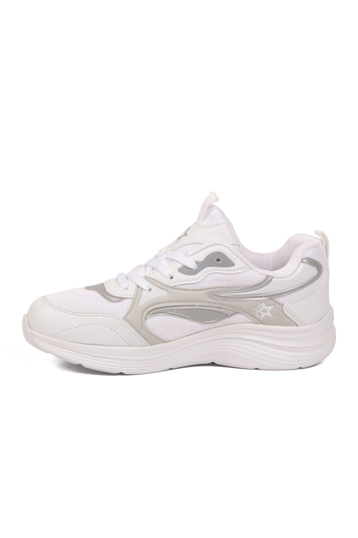 Beyaz-Gri Fileli Hava Alabilen Bağcıklı Rahat Tabanlı Unisex Yürüyüş ve Spor Ayakkabı Sneaker 26106 G