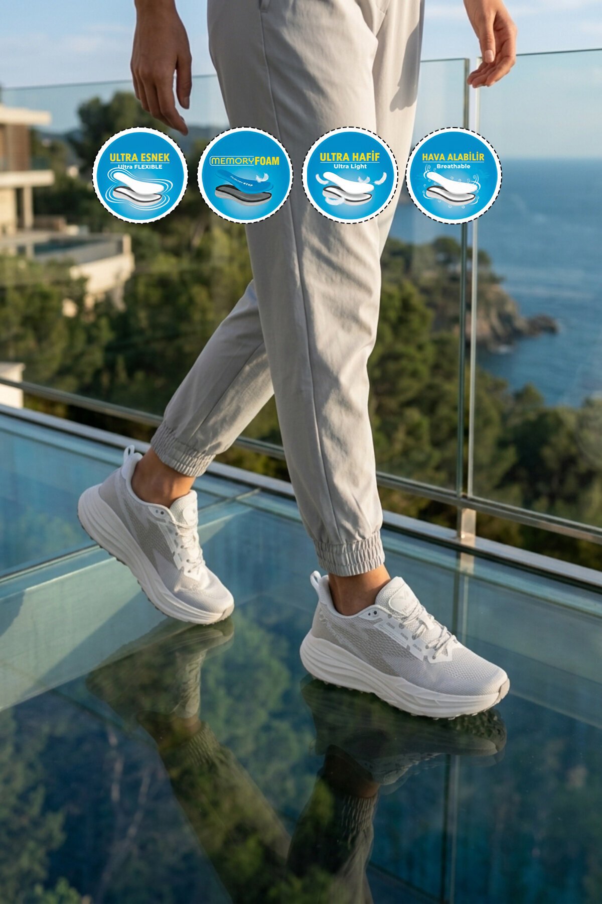 Beyaz-Gümüş Fileli Bağcıklı Hafızalı Rahat Tabanlı Unisex Yürüyüş ve Spor Ayakkabı Flexion G