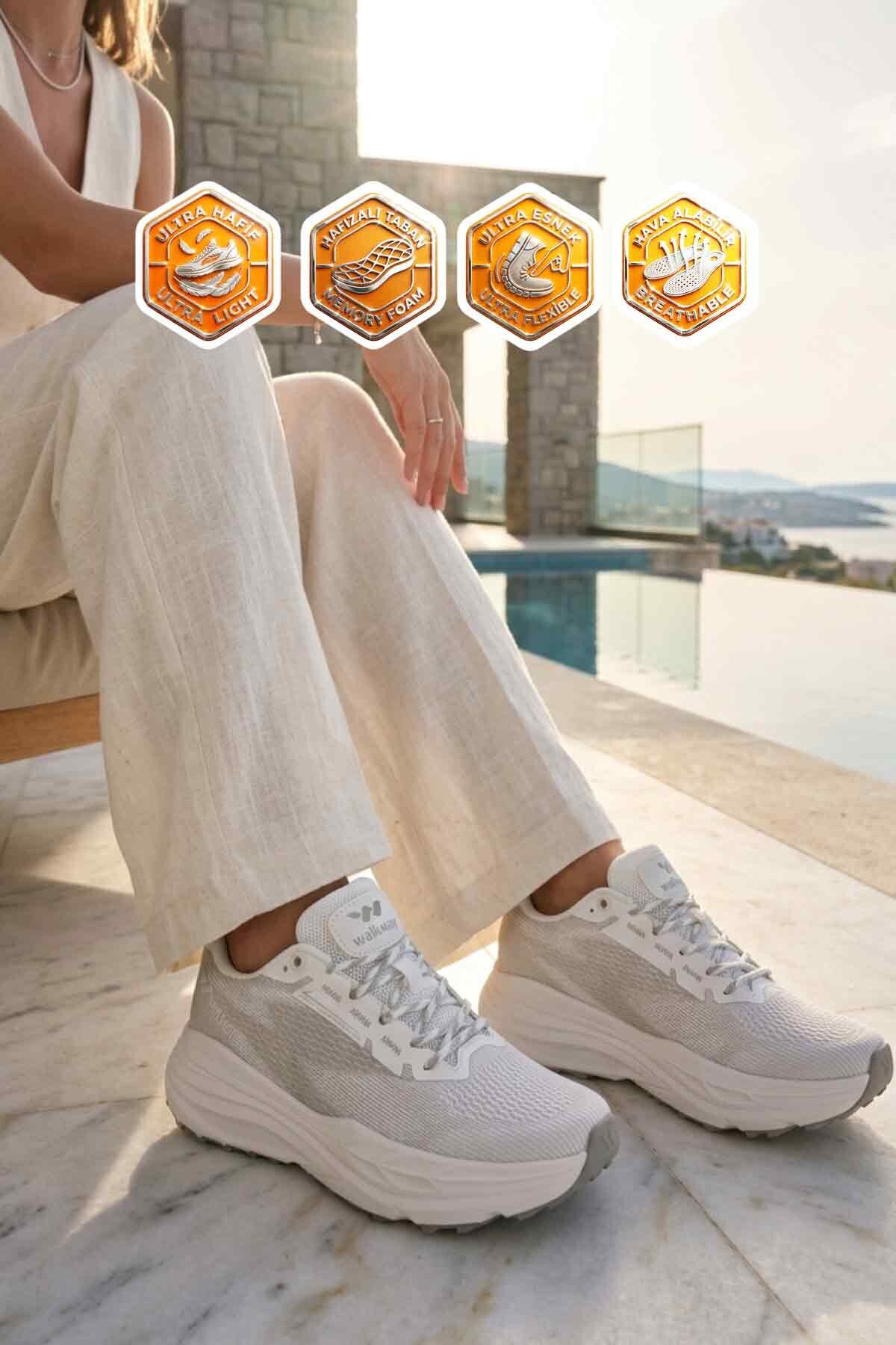 Beyaz-Gümüş Fileli Bağcıklı Hafızalı Rahat Tabanlı Unisex Yürüyüş ve Spor Ayakkabı Flexion G
