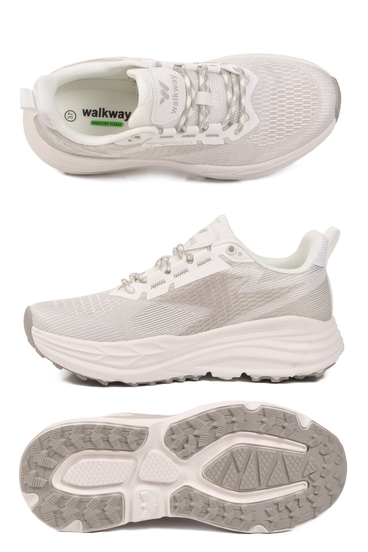 Beyaz-Gümüş Fileli Bağcıklı Hafızalı Rahat Tabanlı Unisex Yürüyüş ve Spor Ayakkabı Flexion G