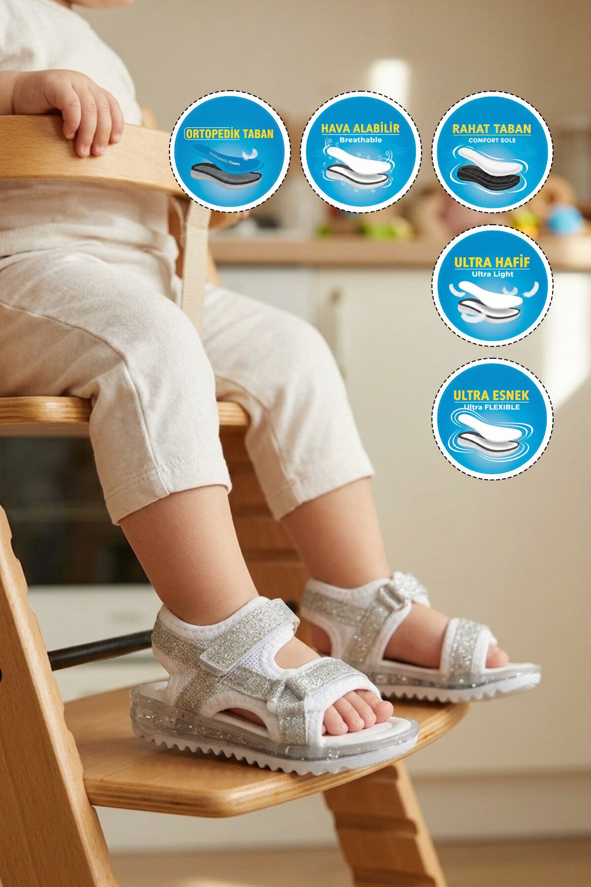 Beyaz-Gümüş Ortopedik Bebek Sandalet 25T104 B