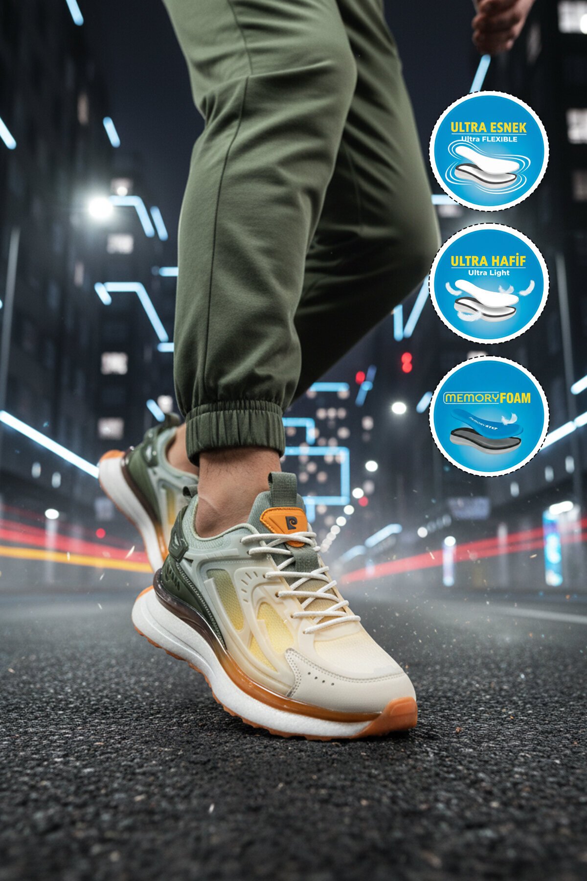 Beyaz-Haki  Fileli Hafızalı Hafif Rahat Köpük Tabanlı Erkek Yürüyüş ve Spor Ayakkabı Sneaker PCI-10105