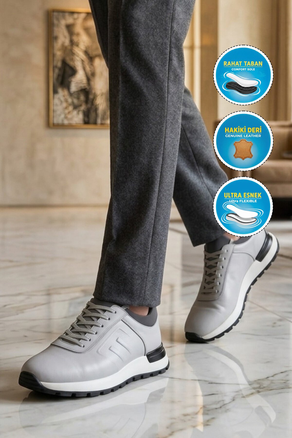 Erkek Beyaz Hakiki Deri Günlük Ayakkabı Rahat Konforlu Şık Bağcıklı Sneaker M294  M