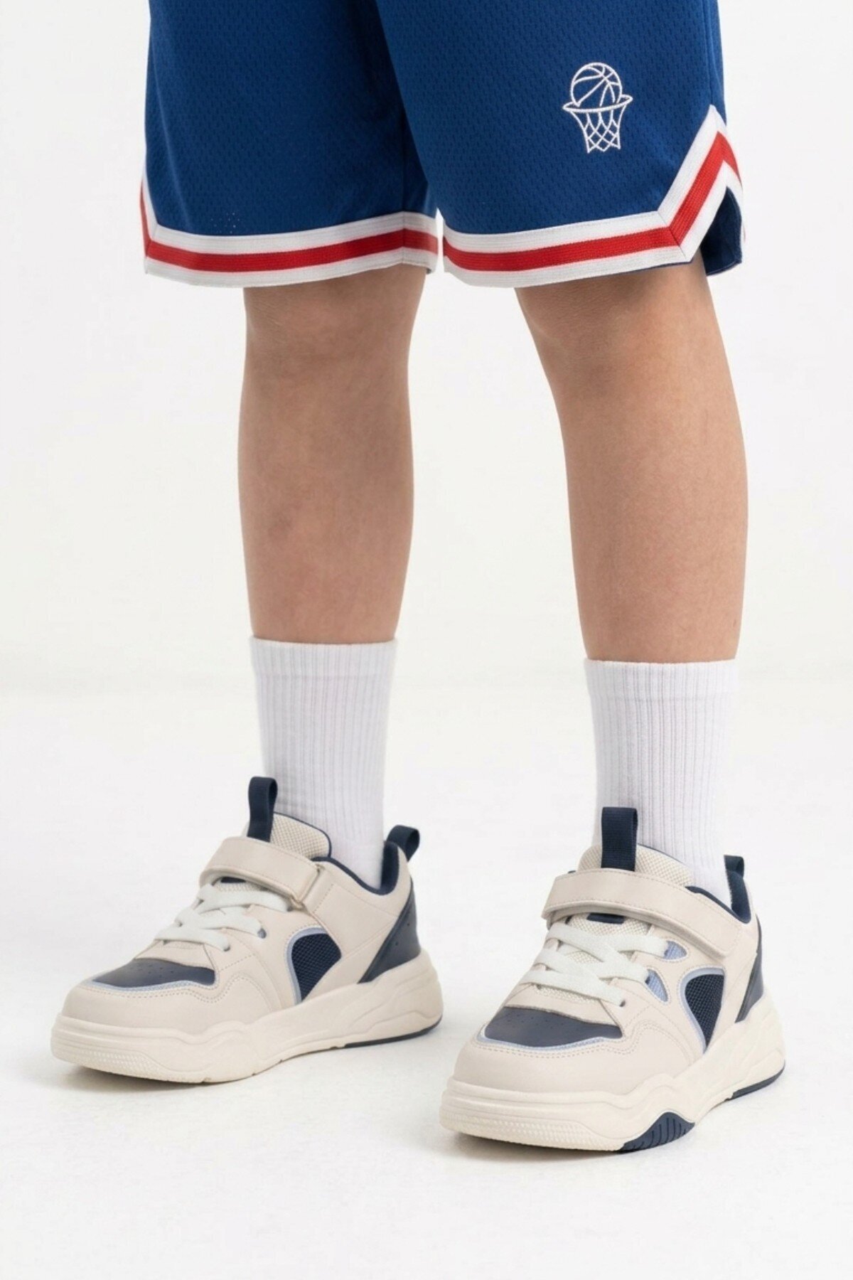 Beyaz-Lacivert Fileli Bağcıklı Erkek Çocuk Spor Ayakkabı Sneaker Jacop
