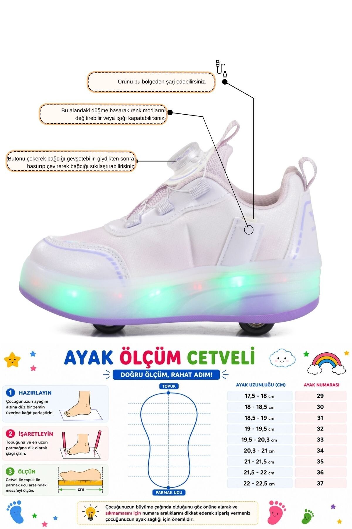 Beyaz-Mor Akıllı Bağcıklı Şarj Edilebilir Işıklı Kız Çocuk Patenli Ayakkabı Yung