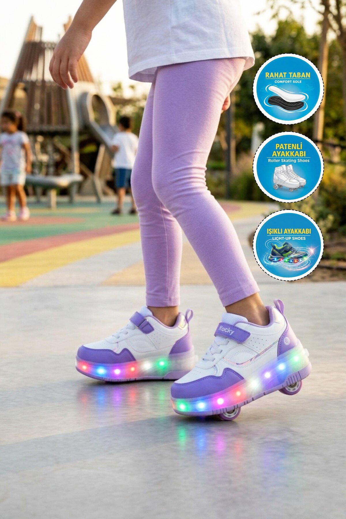 Beyaz-Mor Işıklı Ortopedik Kız Çocuk Patenli Spor Ayakkabı Glow F