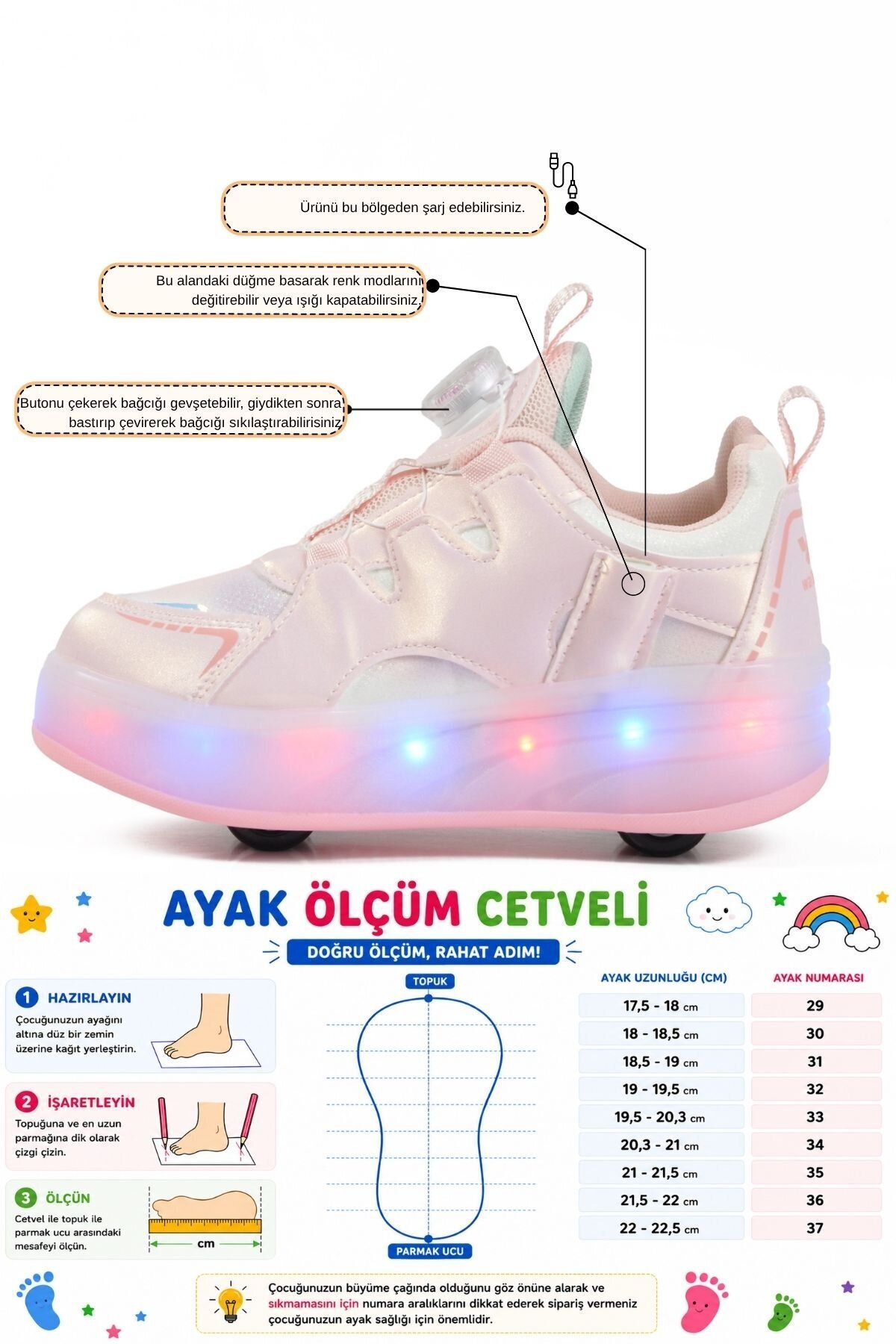 Beyaz-Pudra Akıllı Bağcıklı Şarj Edilebilir Işıklı Kız Çocuk Patenli Ayakkabı Yung