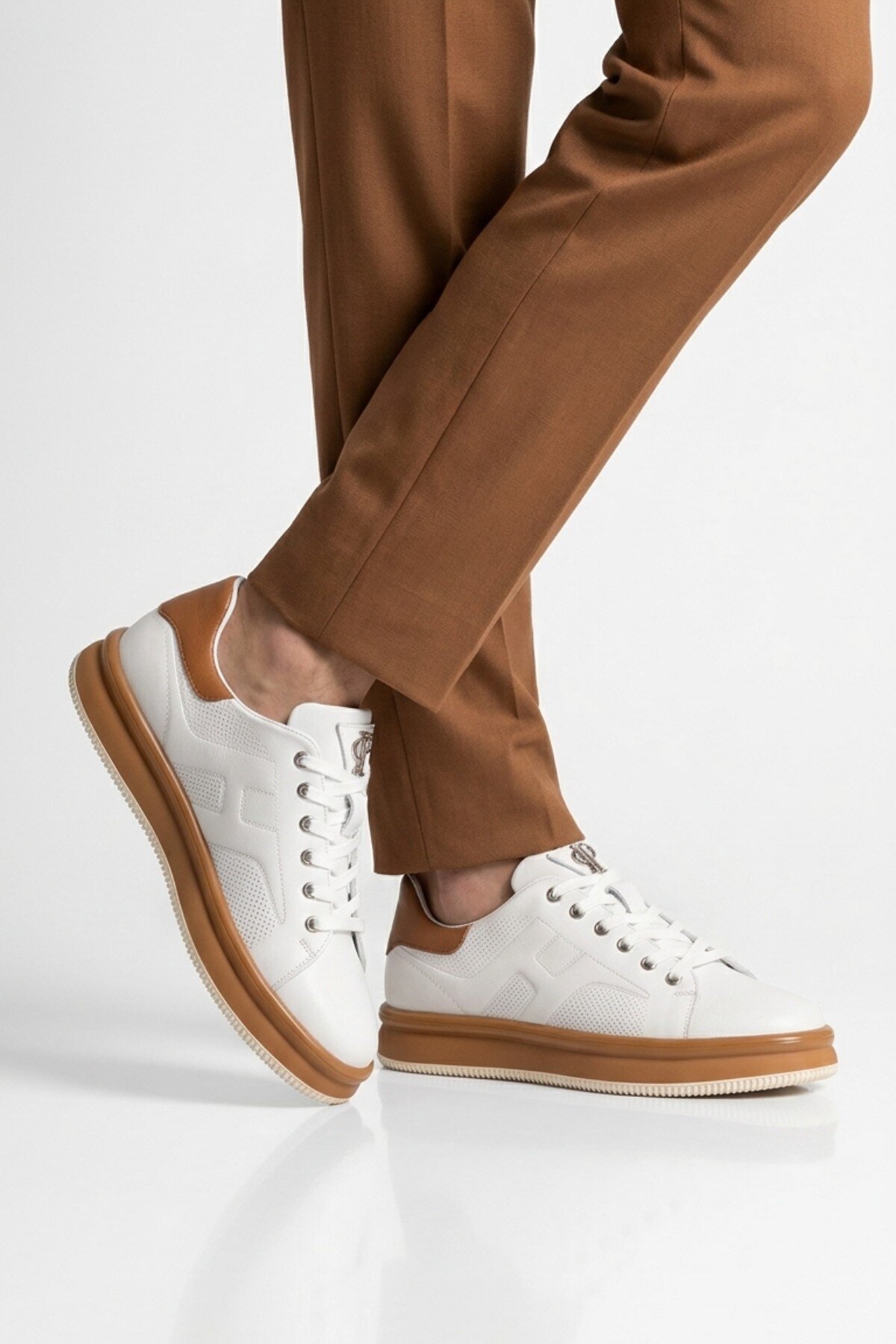 Beyaz-Taba Memory Taban Premium Casual Ayakkabı Hakiki Deri Erkek Günlük Sneaker M030 M