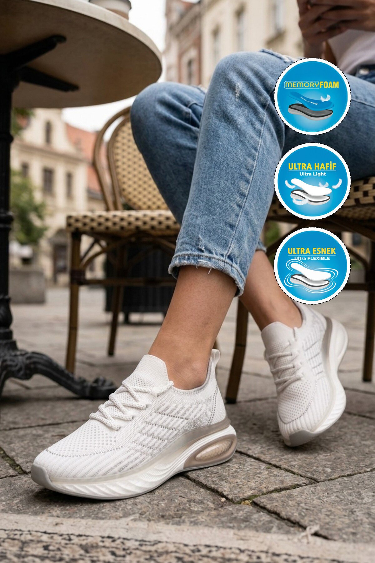 Beyaz Geniş Kalıp Örme Hafızalı Taban Nefes Alan Kadın Yürüyüş ve Spor Ayakkabı Sneaker B264 Z