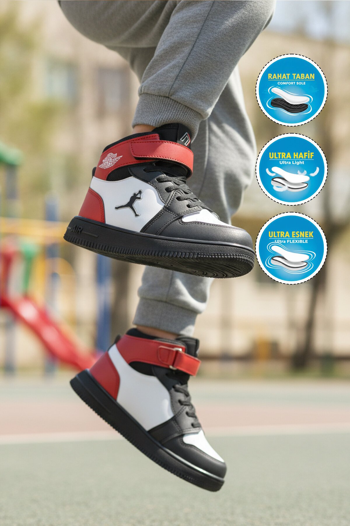 Kırmızı Bilek Boy Cırtlı Kalın Tabanlı Basket Tarzı Unisex Çocuk Spor Ayakkabı Haykat Uzun Air