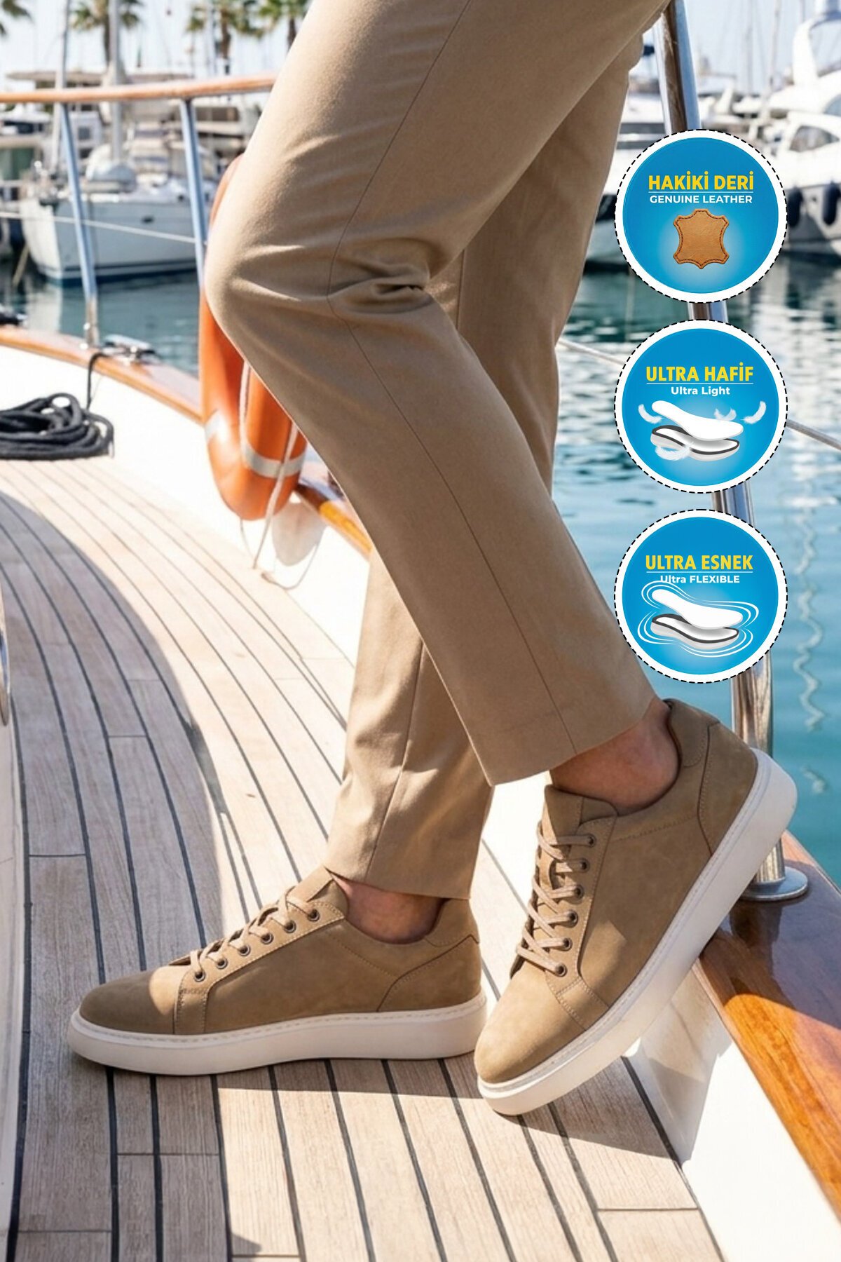 Kum Nubuk Hakiki Deri Büyük Numara Bağcıklı Erkek Casual Sneaker Ayakkabı 2516