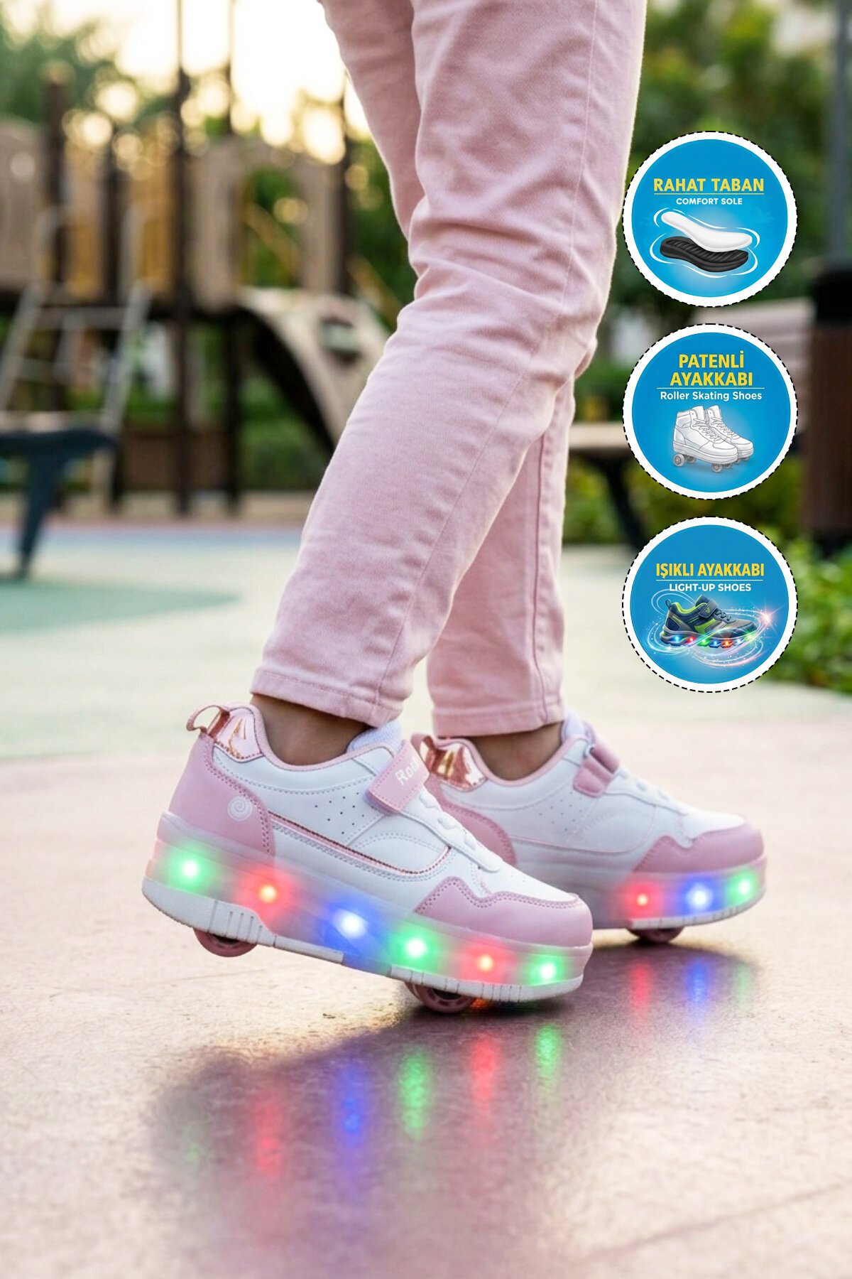 Pudra-Beyaz Işıklı Ortopedik Kız Çocuk Patenli Spor Ayakkabı Glow F
