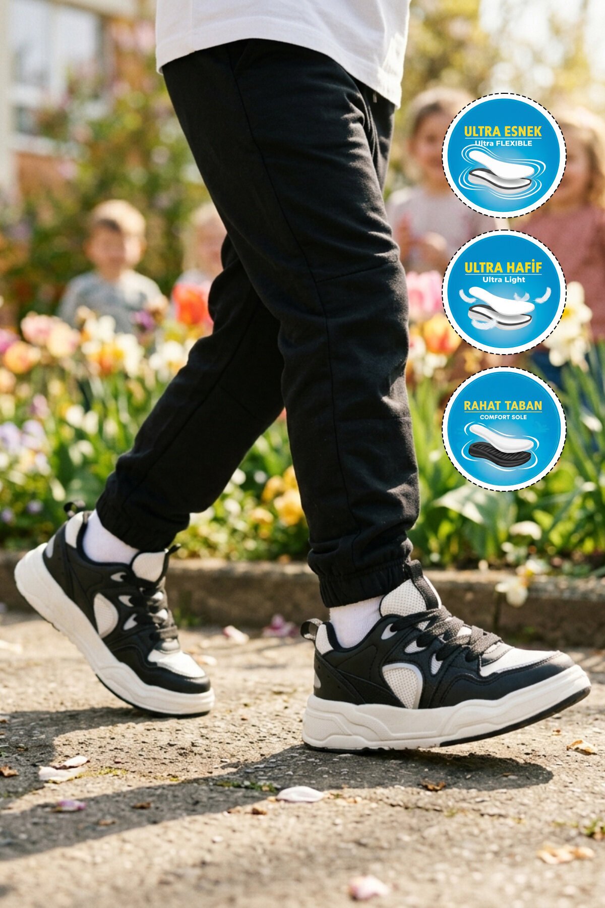 Siyah-Beyaz Fileli Bağcıklı Erkek Çocuk Spor Ayakkabı Sneaker Jacop