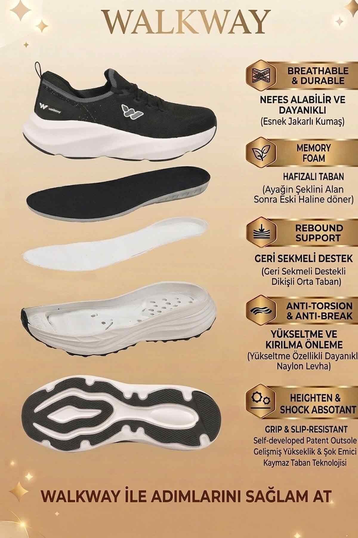 Siyah Beyaz Fileli Bağcıklı Hafızalı Rahat Tabanlı Erkek Yürüyüş ve Spor Ayakkabı Flexnova M