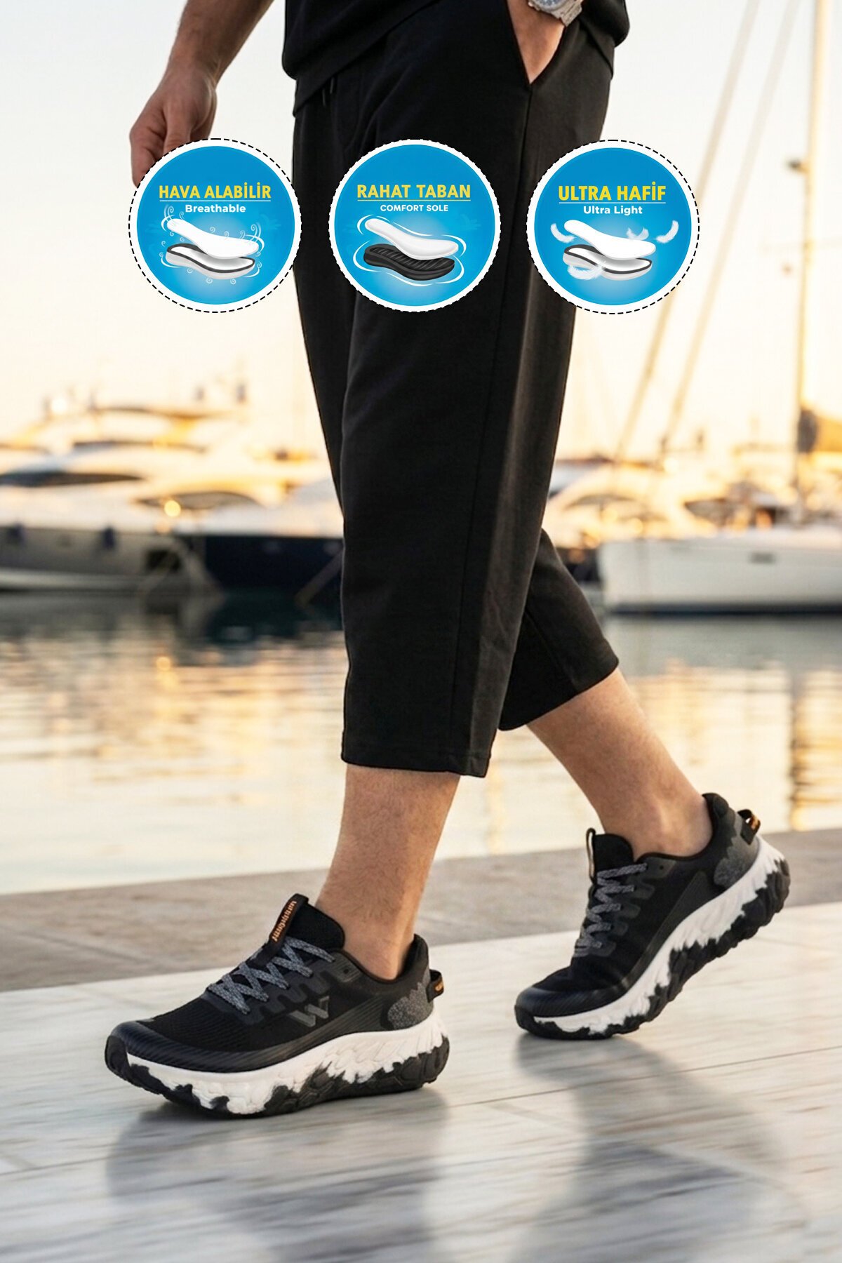 Siyah-Beyaz Fileli Hafif Rahat Hafızalı Kalın Tabanlı Erkek Yürüyüş ve  Spor Ayakkabı Sneaker Flystep M 