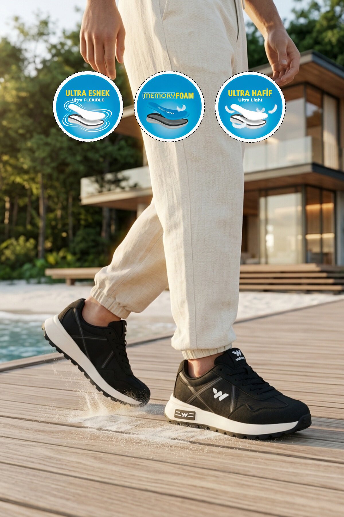 Siyah-Beyaz Hafızalı Rahat Tabanlı Bağcıklı Erkek Yürüyüş ve Spor Ayakkabı Sneaker Muveon M
