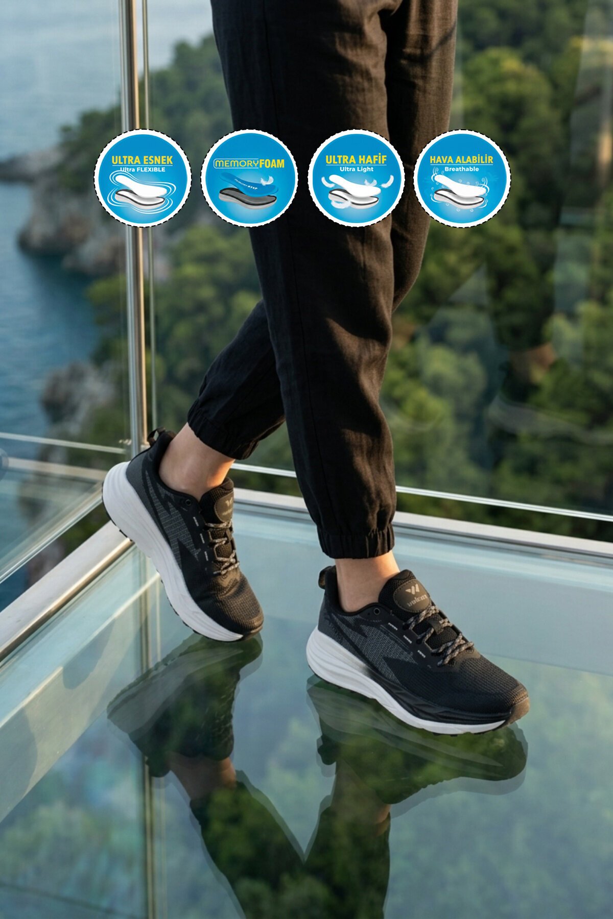 Siyah-Beyaz Fileli Bağcıklı Hafızalı Rahat Tabanlı Unisex Yürüyüş ve Spor Ayakkabı Flexion G