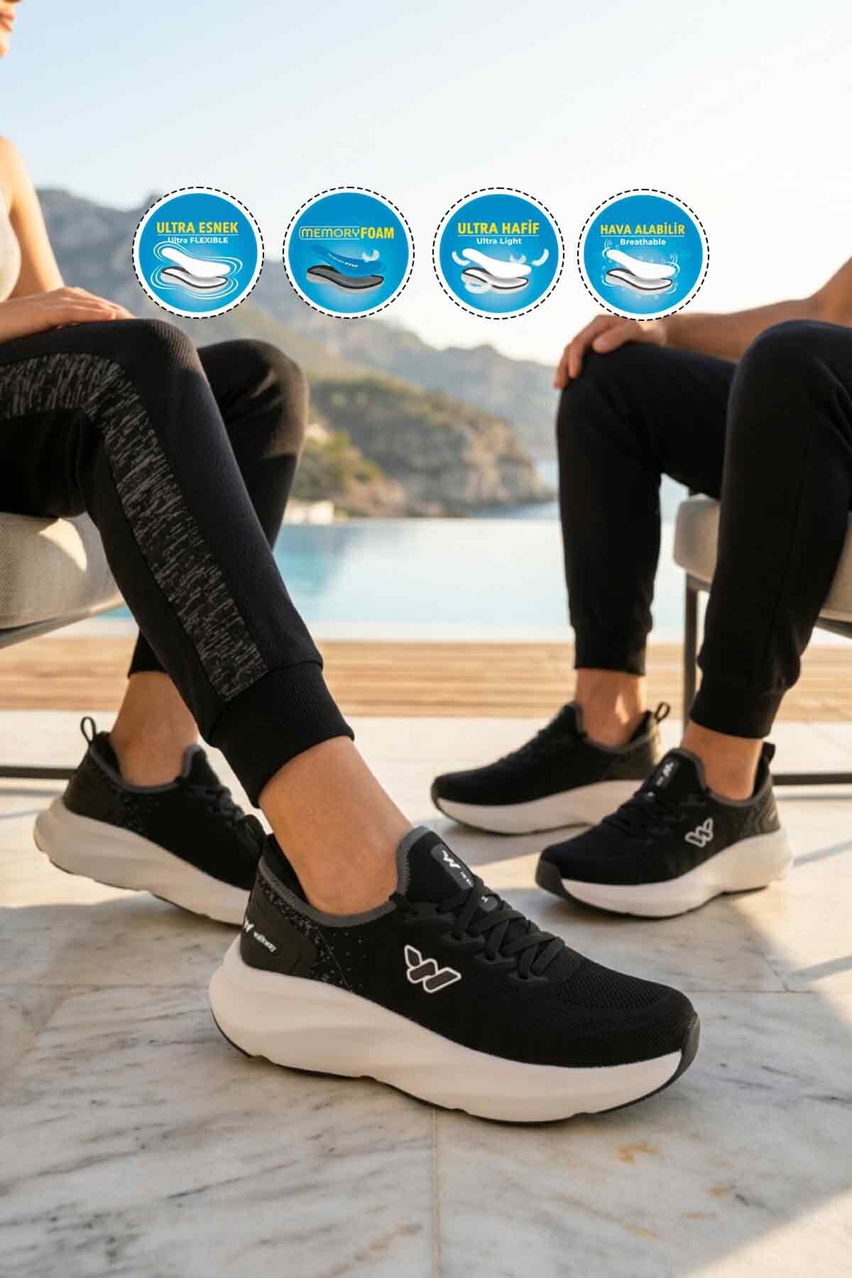 Siyah-Beyaz Fileli Bağcıklı Hafızalı Rahat Tabanlı Unisex Yürüyüş ve Spor Ayakkabı Flexnova G