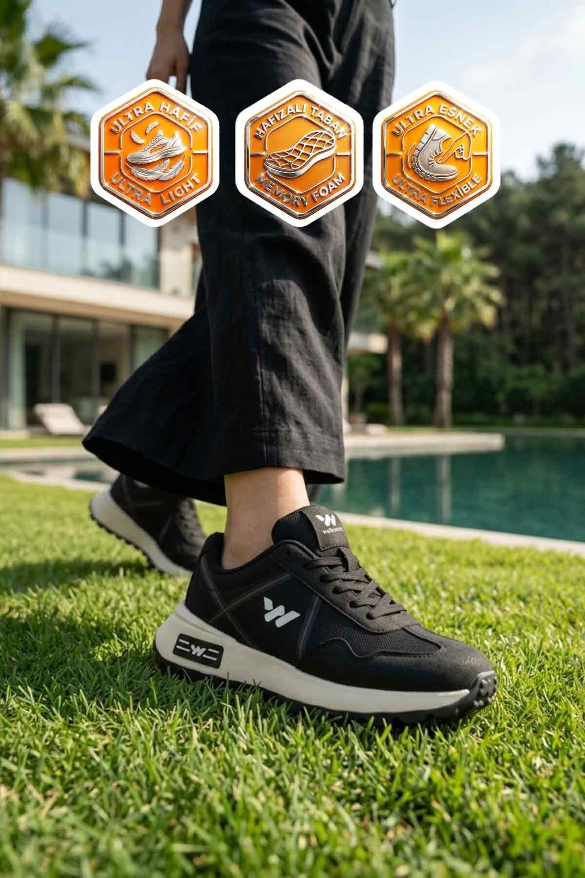 Siyah-Beyaz Hafızalı Rahat Tabanlı Bağcıklı Unisex Yürüyüş ve Spor Ayakkabı Sneaker Muveon G