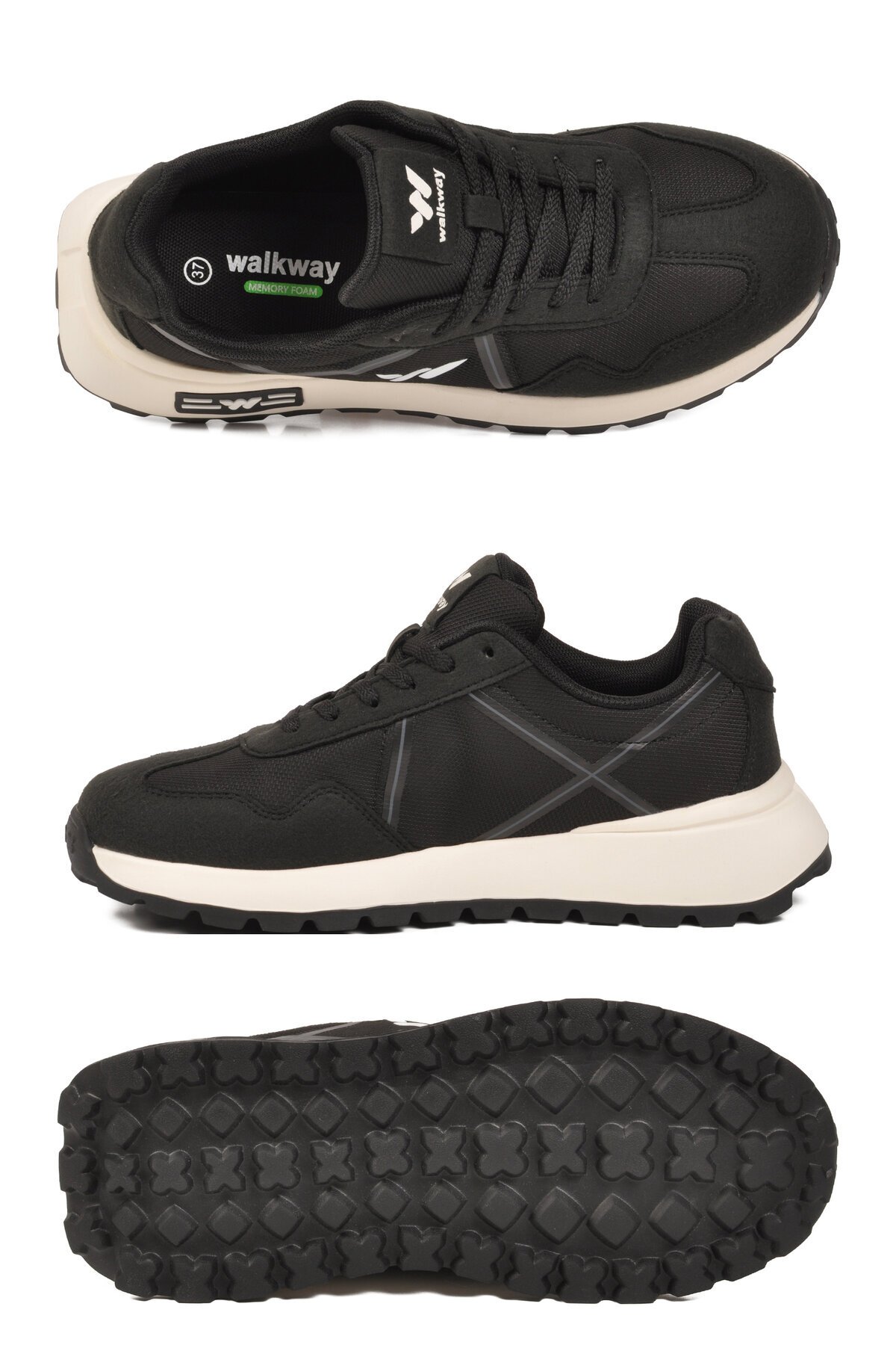Siyah-Beyaz Hafızalı Rahat Tabanlı Bağcıklı Unisex Yürüyüş ve Spor Ayakkabı Sneaker Muveon G