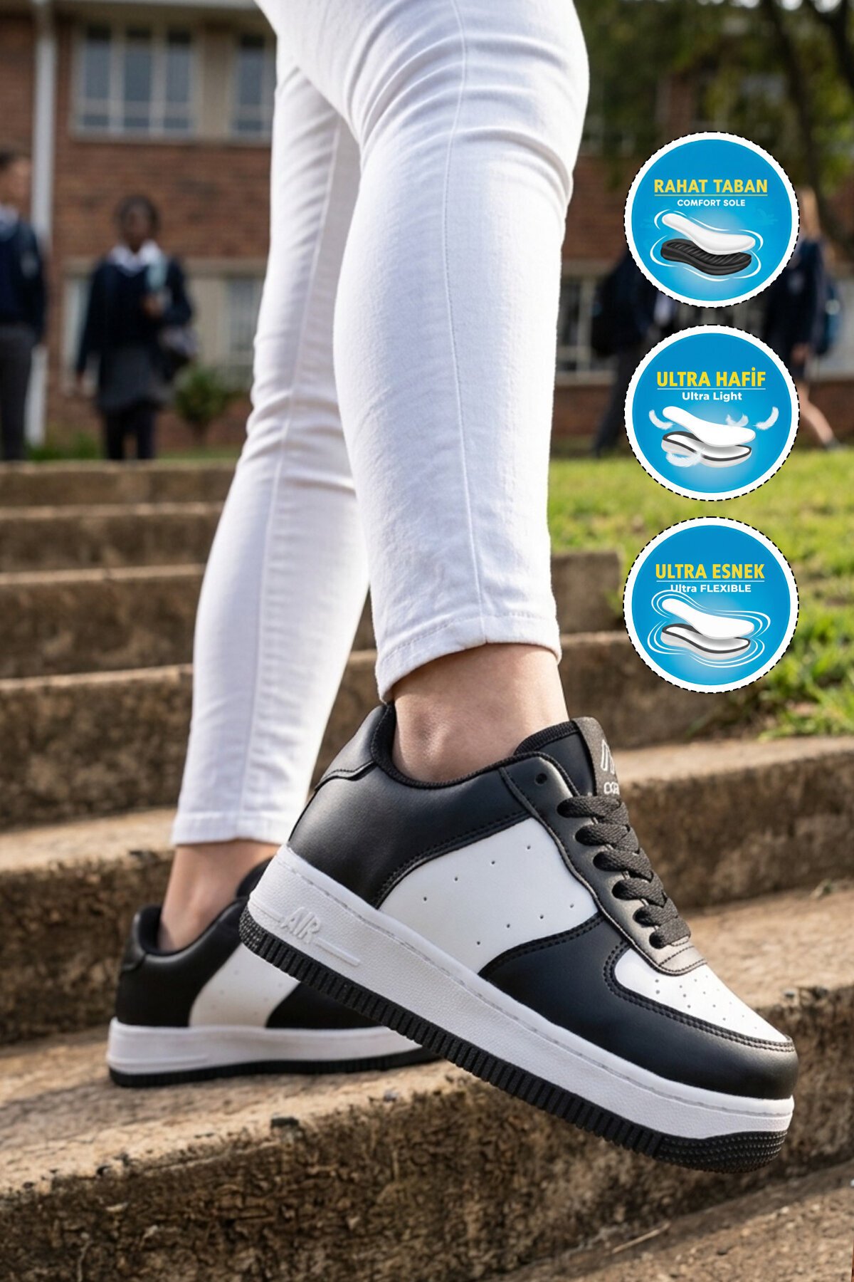 Siyah-Beyaz Bağcıklı Kalın Tabanlı Unisex Yürüyüş ve Spor Ayakkabı Klasik Sneaker Pekin Kısa