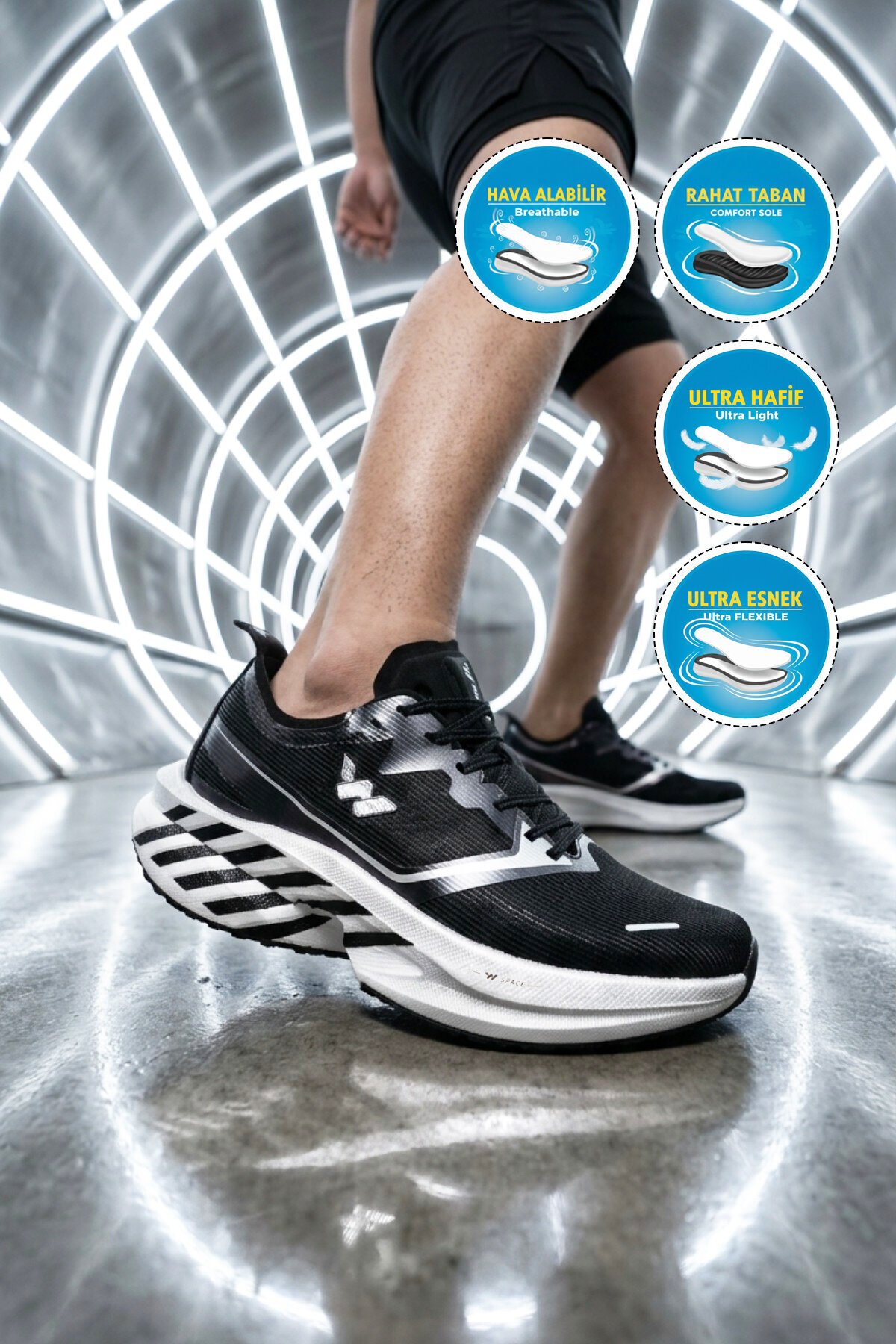 Siyah-Gümüş Fileli Hafif Hafızalı Rahat Tabanlı Erkek Koşu Yürüyüş ve Spor Ayakkabı Space M