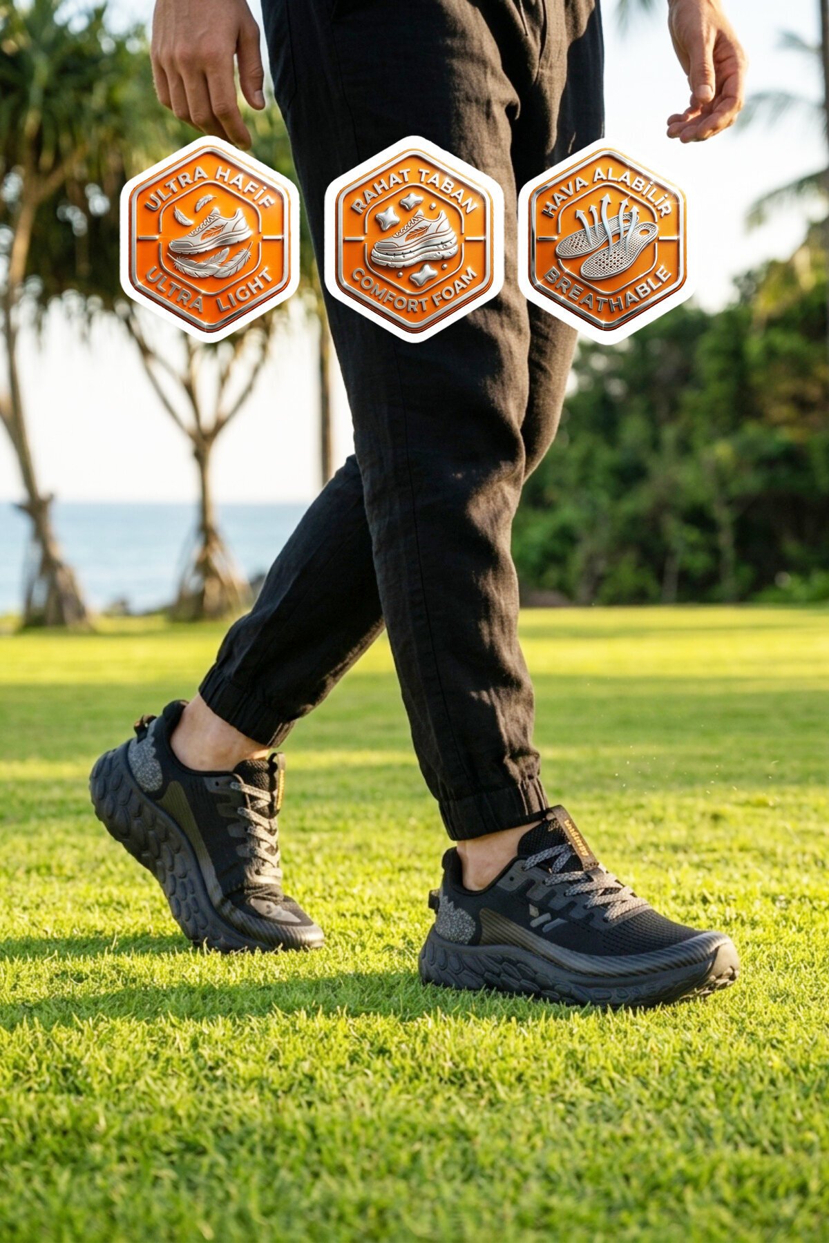 Siyah Fileli Hafif Rahat Hafızalı Kalın Tabanlı Erkek Yürüyüş ve  Spor Ayakkabı Sneaker Flystep M
