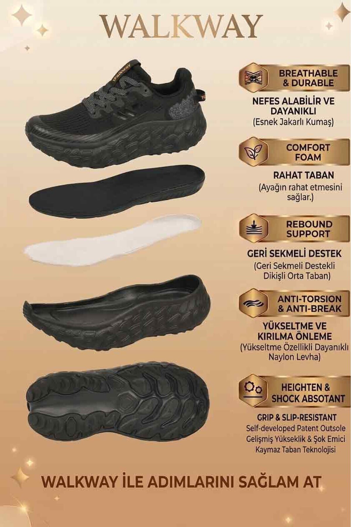 Siyah Fileli Hafif Rahat Hafızalı Kalın Tabanlı Erkek Yürüyüş ve  Spor Ayakkabı Sneaker Flystep M