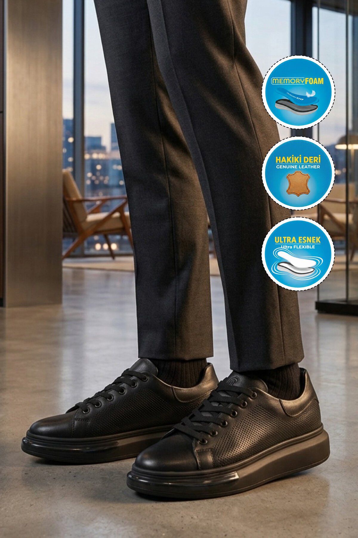 Siyah Premium Hakiki Deri Erkek Günlük Ayakkabı Memory Tabanlı Sneaker 6601 M