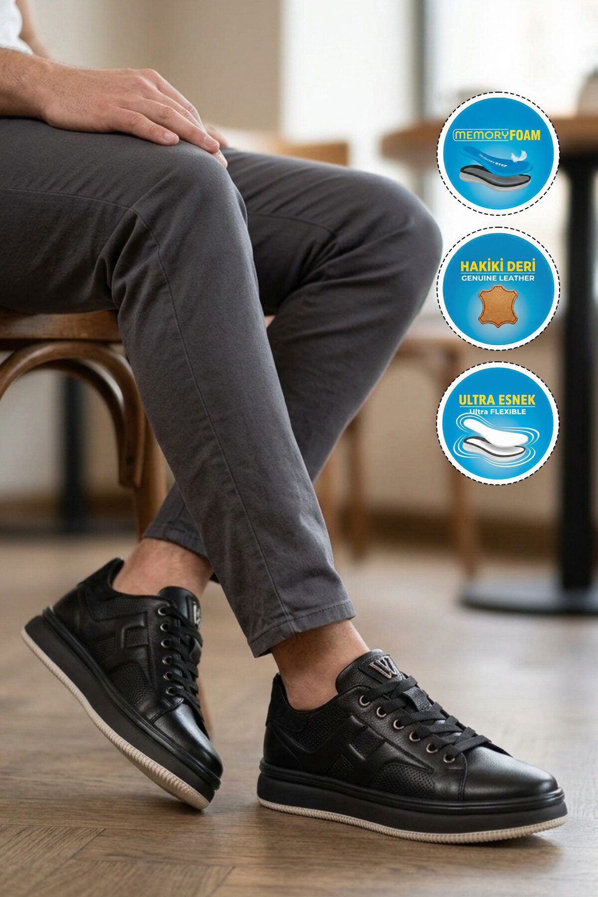Siyah Memory Taban Premium Casual Ayakkabı Hakiki Deri Erkek Günlük Sneaker M030 M